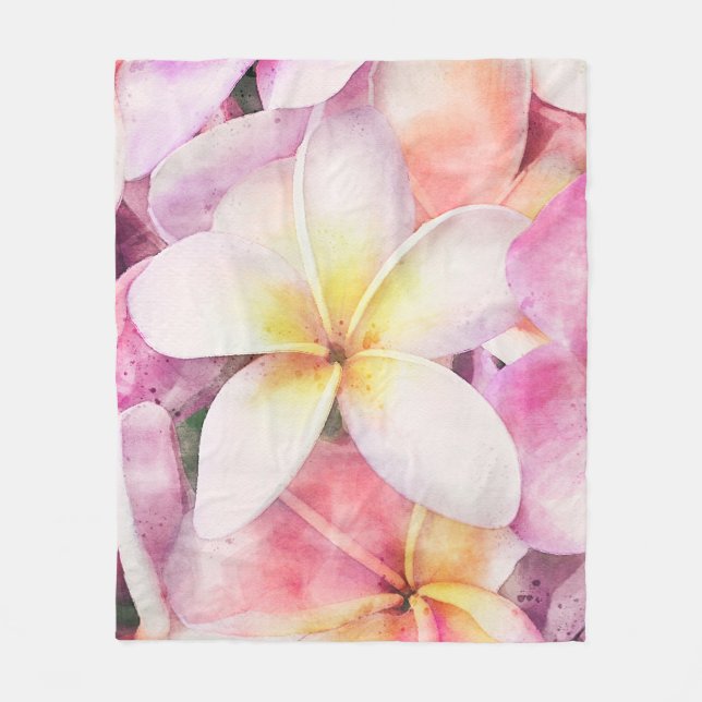 Hawaiian Plumeria Tropical Floral Watercolor Fleece Blanket (Front)