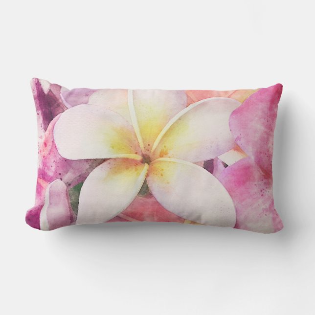 Hawaiian Plumeria Tropical Floral Watercolor Lumbar Cushion (Front)