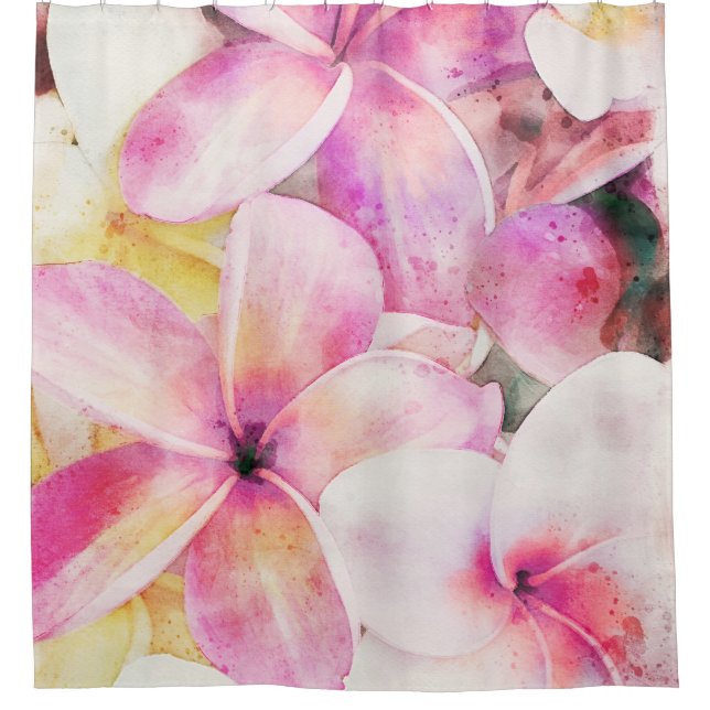 Hawaiian Plumeria Tropical Floral Watercolor Shower Curtain (Front)
