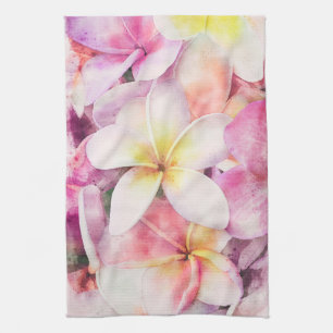 Hawaiian Plumeria Tropical Floral Watercolor Tea Towel