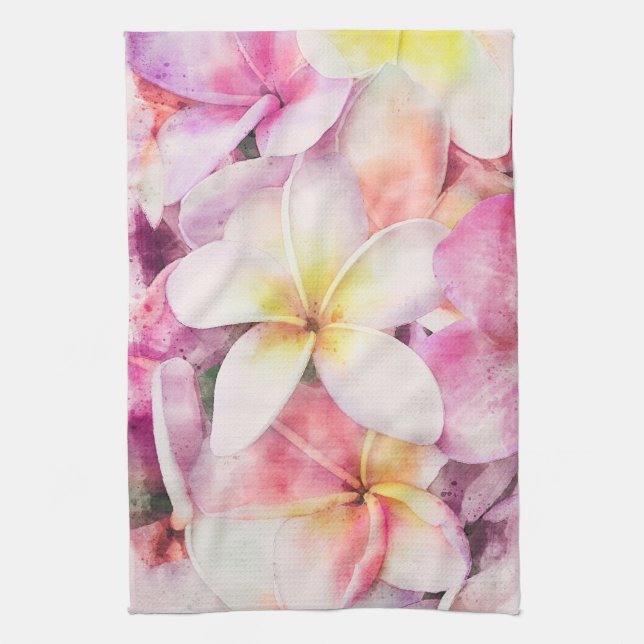 Hawaiian Plumeria Tropical Floral Watercolor Tea Towel (Vertical)