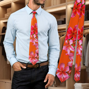 Hawaiian Plumeria Tropical Pink Floral Orange Tie