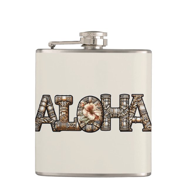 Hawaiian Polynesian Aloha Bamboo Look Hip Flask (Front)