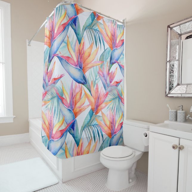 Hawaiian print blue bird of paradise floral shower curtain (In Situ)