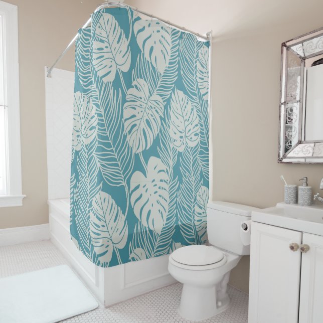 Hawaiian print blue palm and monstera  shower curtain (In Situ)