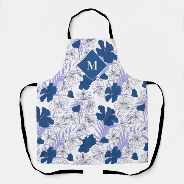 Hawaiian Print Mens Blue Tropical Monogram Apron (Front)