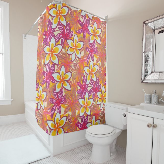 Hawaiian print plumeria pattern shower curtain (In Situ)