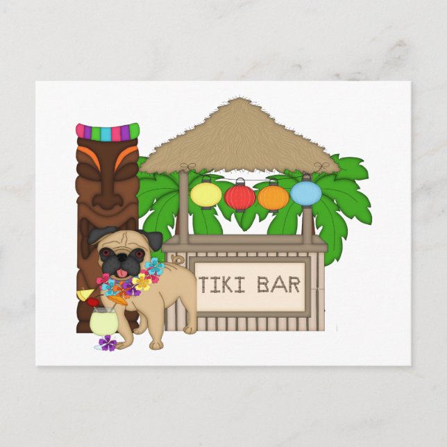 Hawaiian Pug at Tiki Bar Customisable Tees, Gifts Postcard (Front)