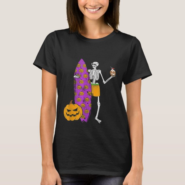 Hawaiian Pumpkin Surf Skeleton Funny Halloween Par T-Shirt (Front)