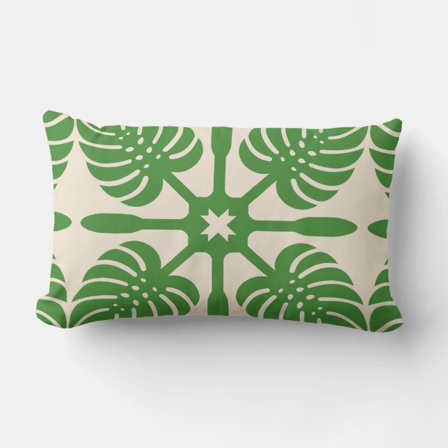 HAWAIIAN QUILT PILLOW- Monstera Lumbar Cushion (Front)