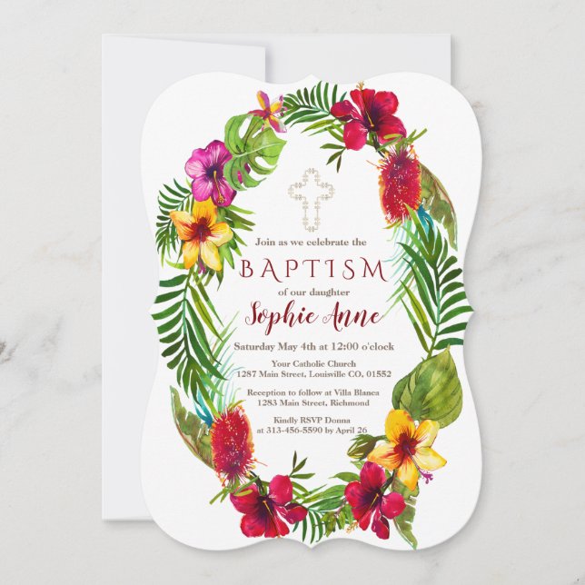 Hawaiian Radiant Tropical Floral Wreath Baptism Invitation (Front)