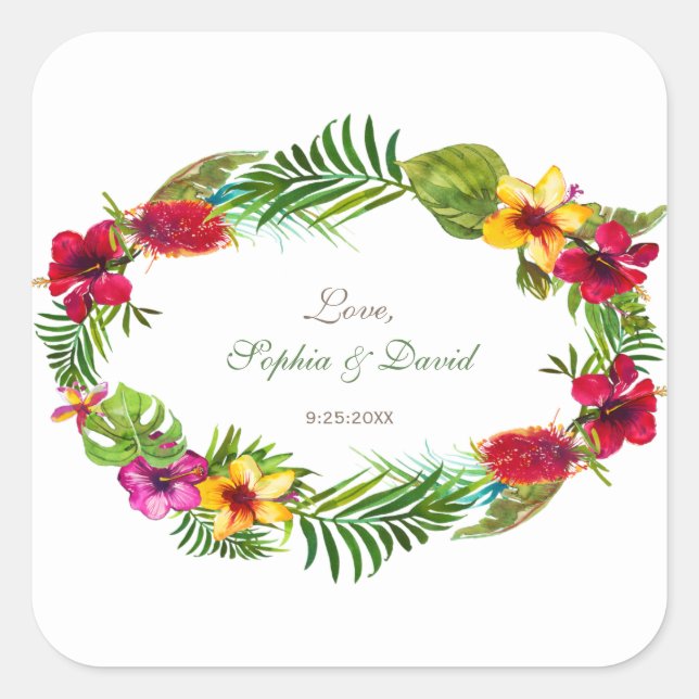 Hawaiian Radiant Tropical Floral Wreath Wedding Square Sticker (Front)