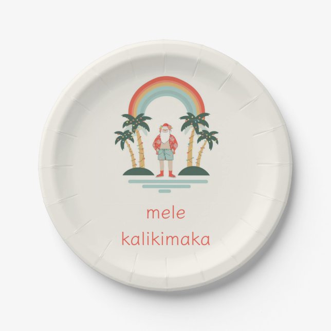 Hawaiian/Rainbow/Palms Santa Paper Plate (Front)