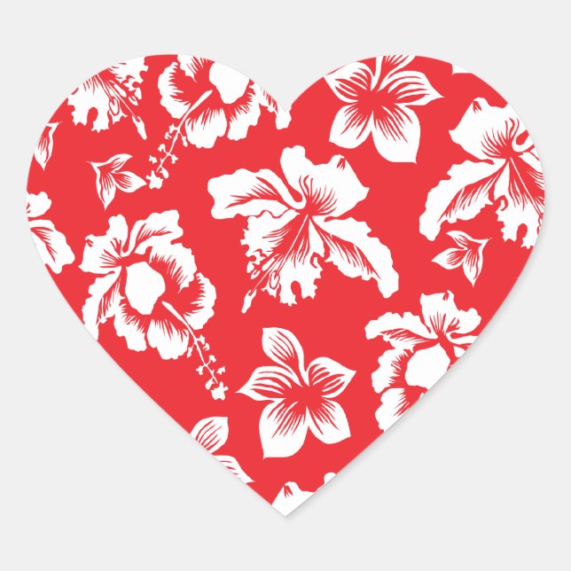Hawaiian Red Flowers Heart Sticker (Front)
