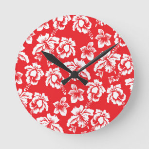 Hawaiian Red Flowers Round Clock