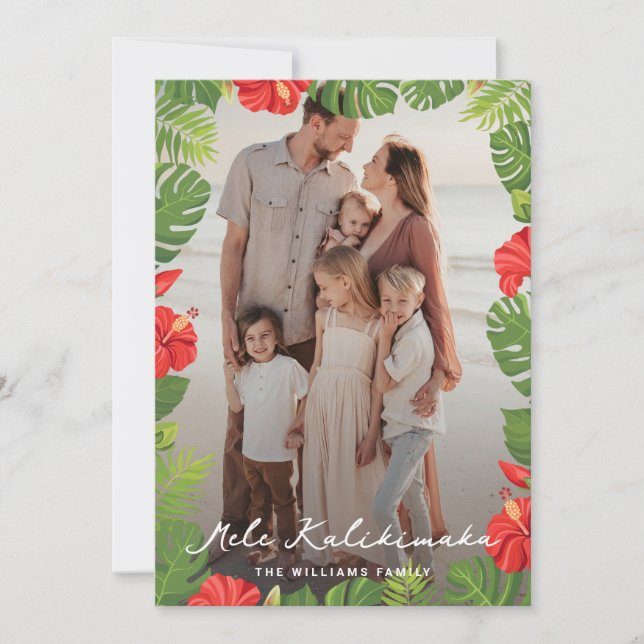 Hawaiian Red Hibiscus Floral Photo Mele Kalikimaka Holiday Card (Front)