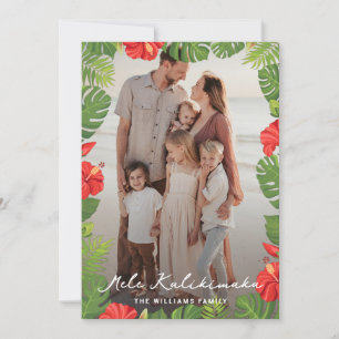 Hawaiian Red Hibiscus Floral Photo Mele Kalikimaka Holiday Card