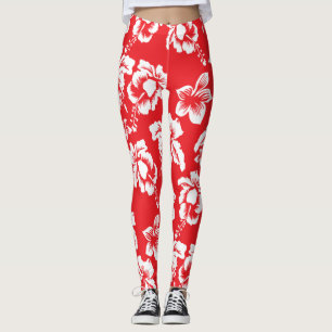 Hawaiian Red Hibiscus Floral Print Leggings