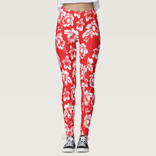 Hawaiian Red Hibiscus Floral Print Leggings
