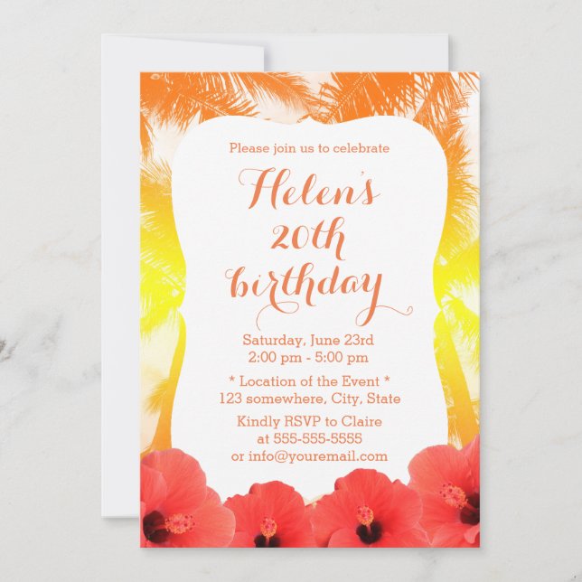 Hawaiian Red Hibiscus Golden Beach Birthday Party Invitation (Front)