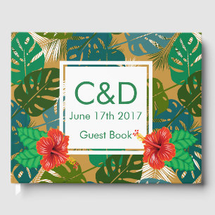Hawaiian Red Hibiscus Luau Bride & Groom Initials Guest Book