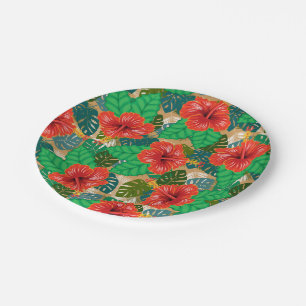 Hawaiian Red Hibiscus Luau Wedding Paper Plate