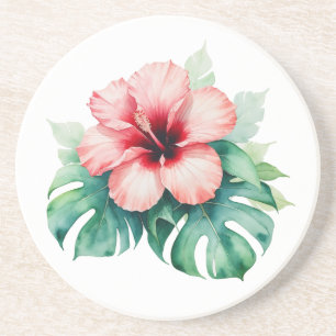 Hawaiian Red Hibiscus with Monstera Hawaii Love Coaster