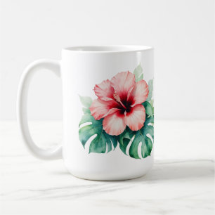 Hawaiian Red Hibiscus with Monstera Hawaii Love Coffee Mug