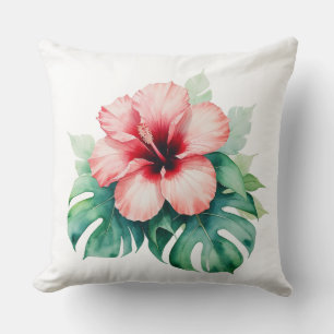 Hawaiian Red Hibiscus with Monstera Hawaii Love Cushion