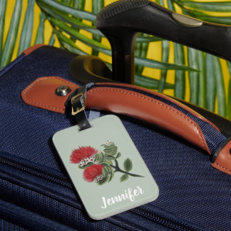 Hawaiian Red Lehua Tropical Flower Watercolor Luggage Tag