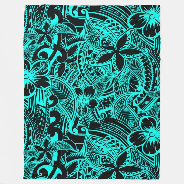 Hawaiian - Samoan - Polynesian Teal Tribal Threads Fleece Blanket (Front)