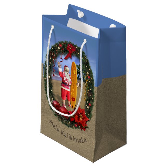 Hawaiian Santa w. Surfboard at the Beach Gift Bag (Front Angled)
