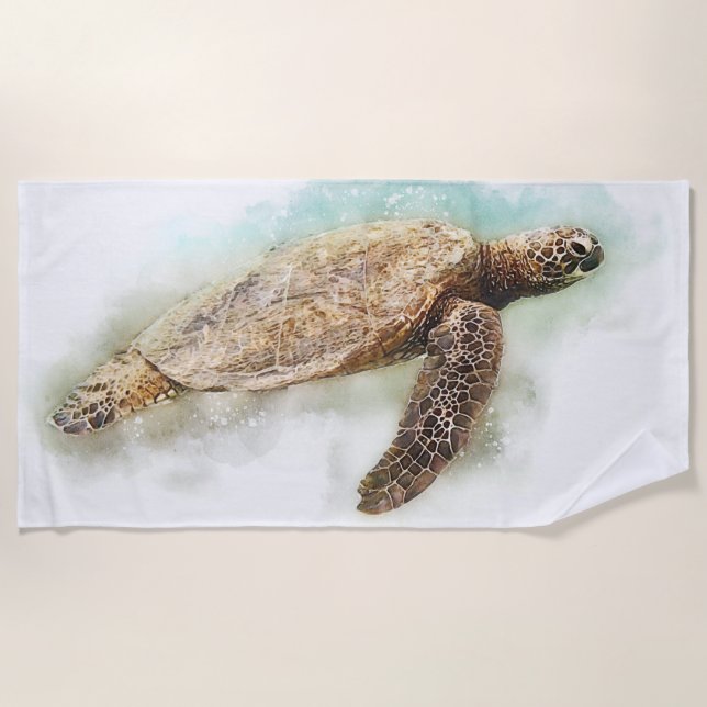 Hawaiian Sea Turtle Realistic Watercolor Beach Towel (Front)