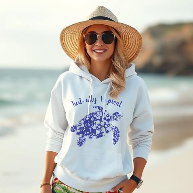 Hawaiian Sea Turtle Turt-ally Tropical-Deep Blue Hoodie (Hawaiian Turtle-Turt-ally Tropical-Fisherman Core, Coastal, Islander, Beach, Summer, Women Hoodie)