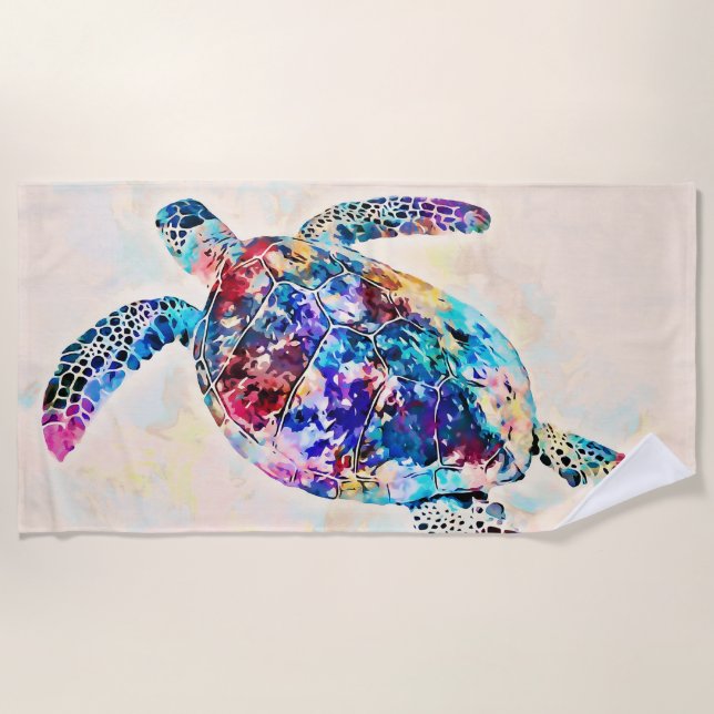 Hawaiian Sea Turtle Watercolor Beach Towel (Front)