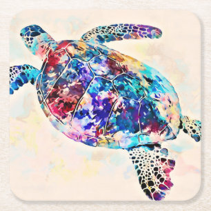 Hawaiian Sea Turtle Watercolor Square Paper Coaster