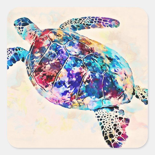 Hawaiian Sea Turtle Watercolor Square Sticker (Front)