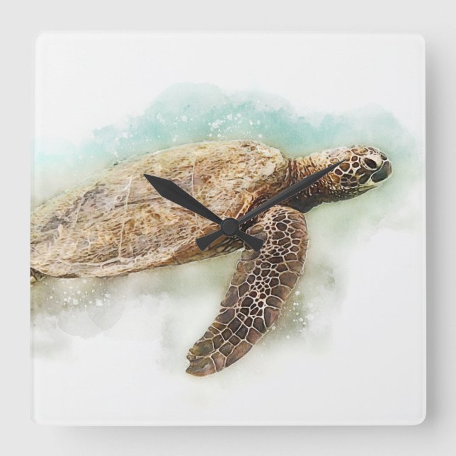 Hawaiian Sea Turtle Watercolor Square Wall Clock (Front)