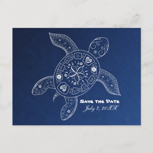 Hawaiian Sea Turtle White Blue Beach Save The Date Announcement Postcard (Front)
