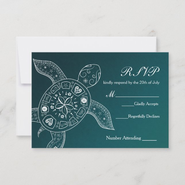 Hawaiian Sea Turtle White Blue Beach Wedding RSVP (Front)