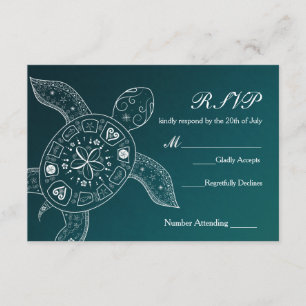 Hawaiian Sea Turtle White Blue Beach Wedding RSVP Card