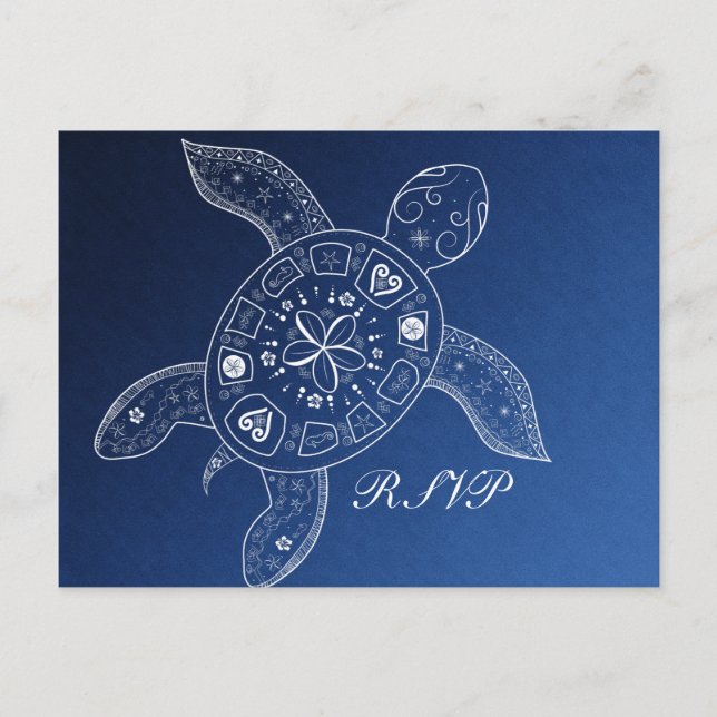 Hawaiian Sea Turtle White Blue Beach Wedding RSVP Invitation Postcard (Front)