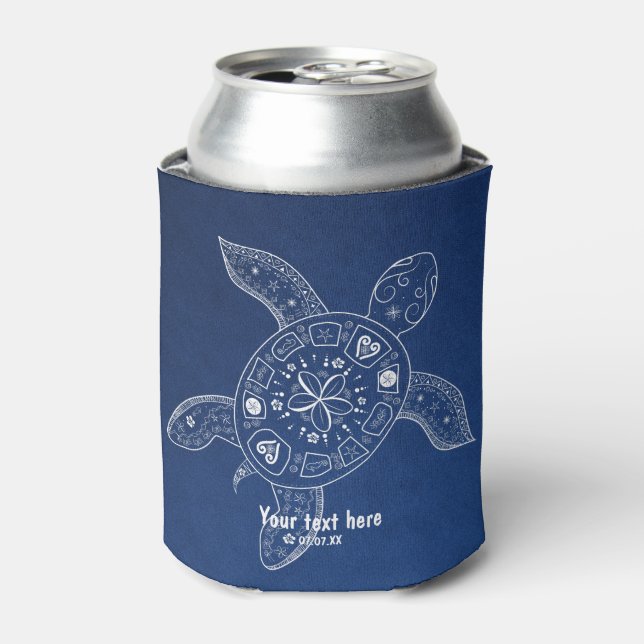 Hawaiian Sea Turtle White on Blue Beach Tropical Can Cooler (Can Front)