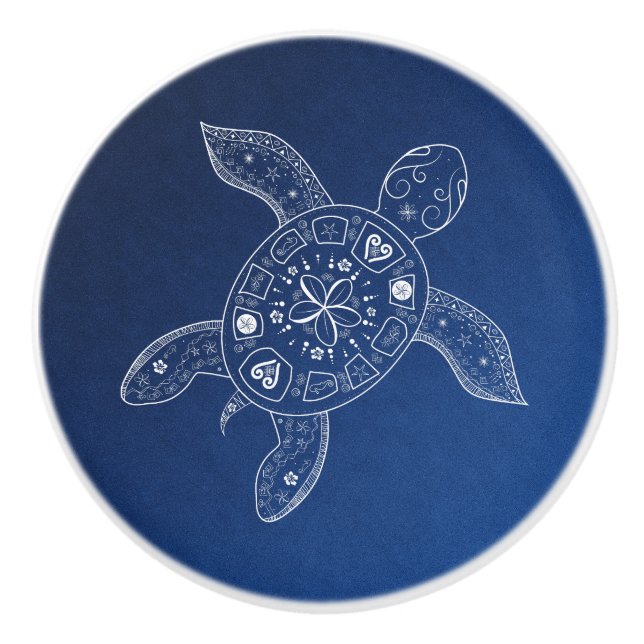 Hawaiian Sea Turtle White on Blue Beach Tropical Ceramic Knob (Front)