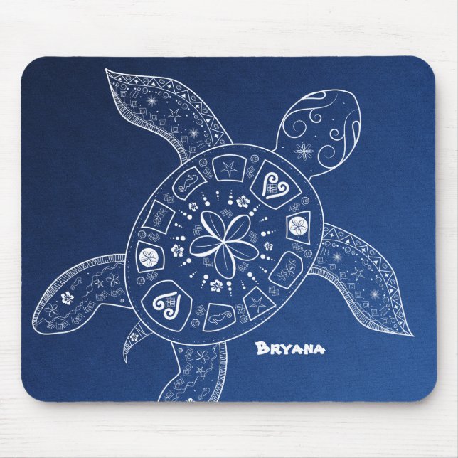 Hawaiian Sea Turtle White on Blue Beach Tropical Mouse Mat (Front)