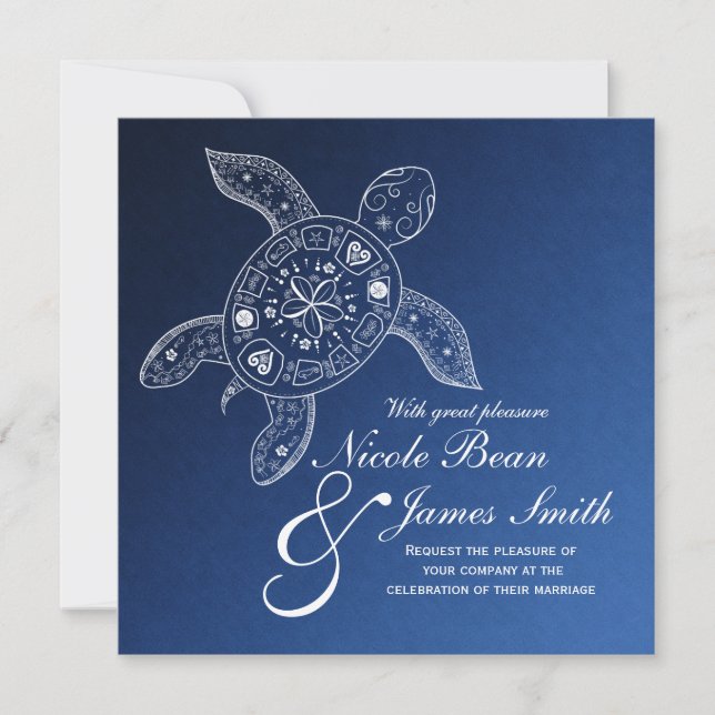 Hawaiian Sea Turtle White on Blue Beach Wedding Invitation (Front)