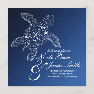 Hawaiian Sea Turtle White on Blue Beach Wedding Invitation