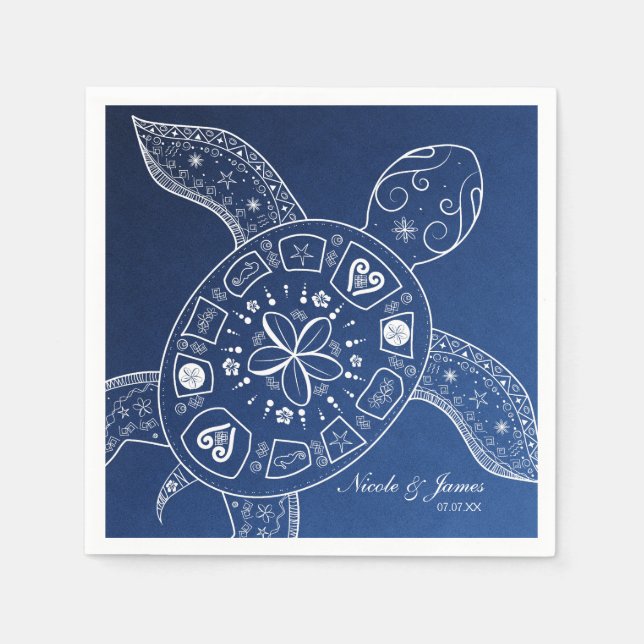Hawaiian Sea Turtle White on Blue Beach Wedding Napkin (Front)