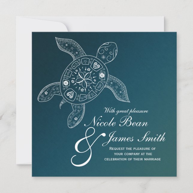 Hawaiian Sea Turtle White on Teal Beach Wedding Invitation (Front)
