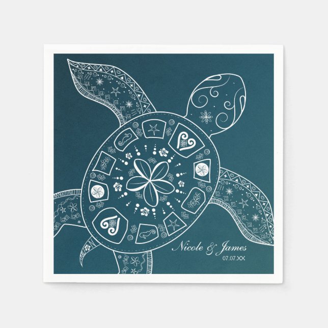 Hawaiian Sea Turtle White on Teal Beach Wedding Napkin (Front)